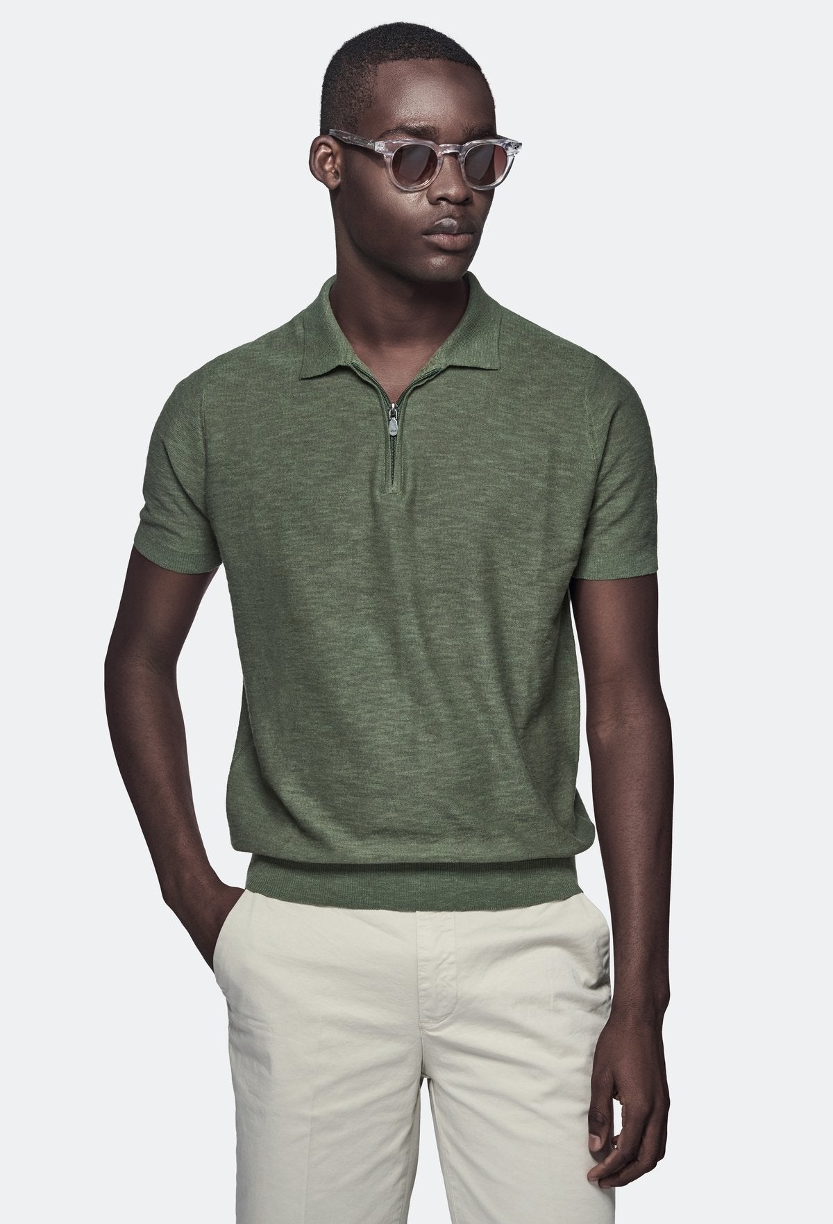Polo in cotone e lino con zip-0