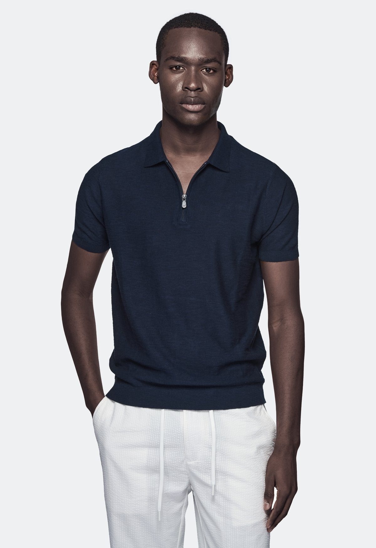 Polo in cotone e lino con zip-0