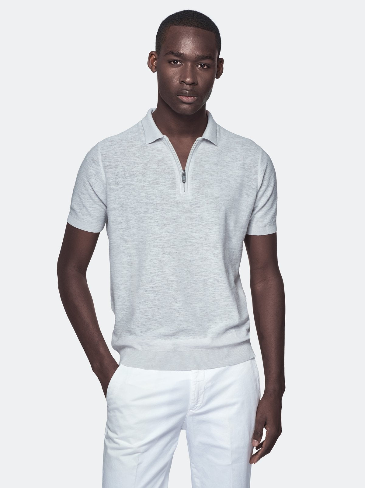 Polo in cotone e lino con zip-0
