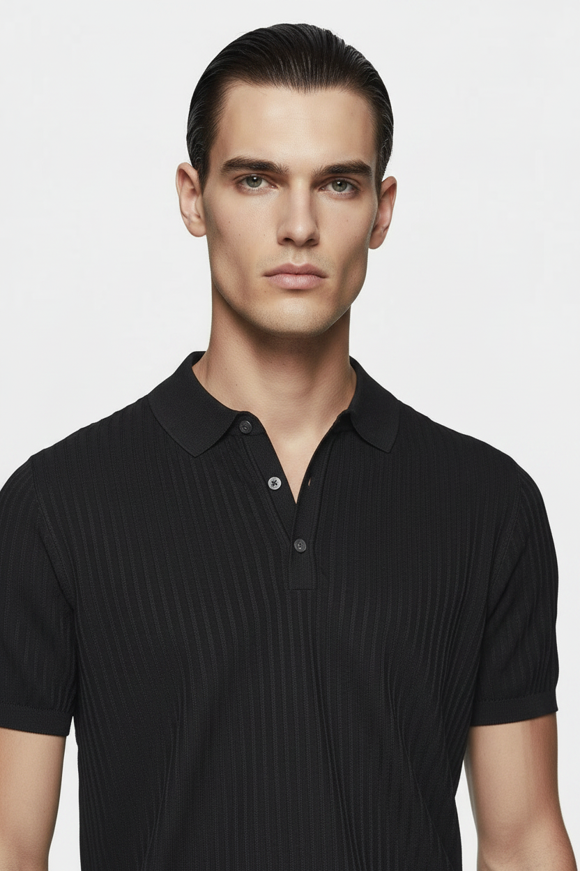 Close-up Portrait - White Model Black Silk Polo