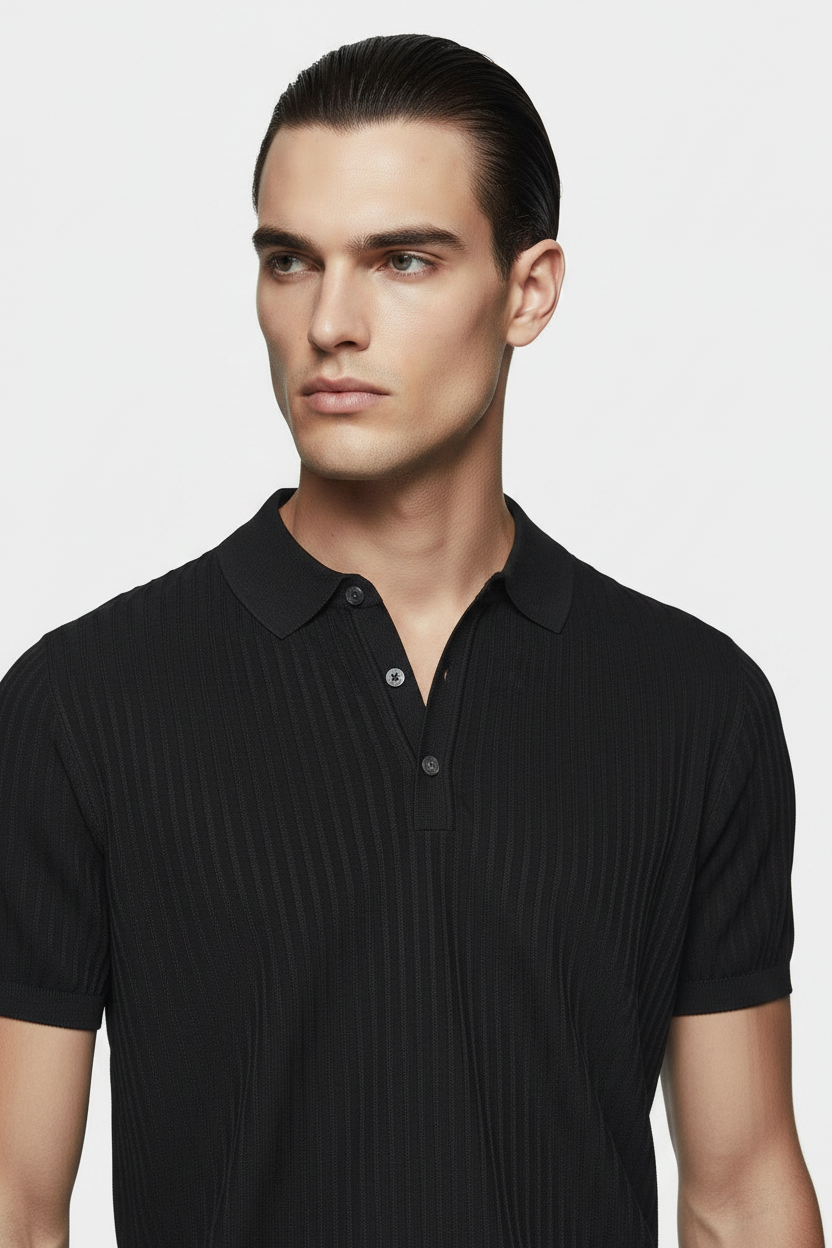Close-up - White Model Black Silk Polo