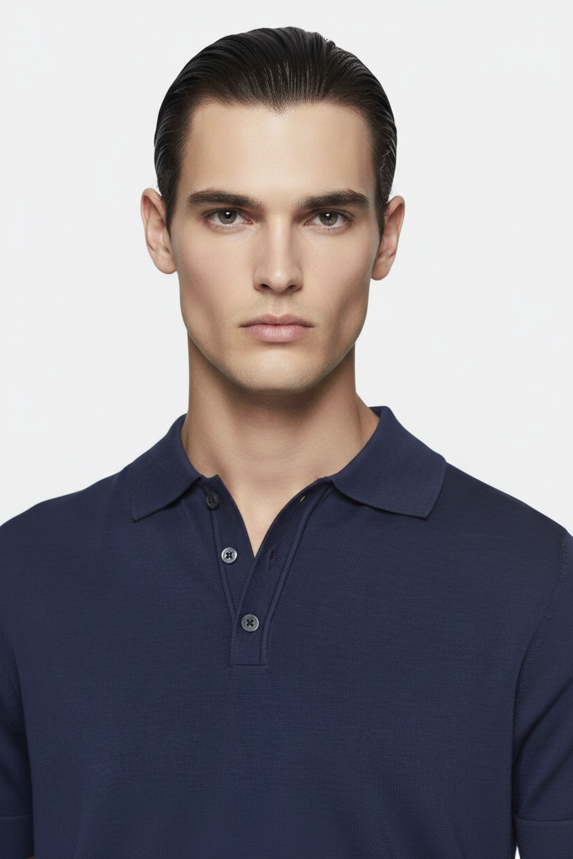 Close-up - White Model Navy Polo Detail