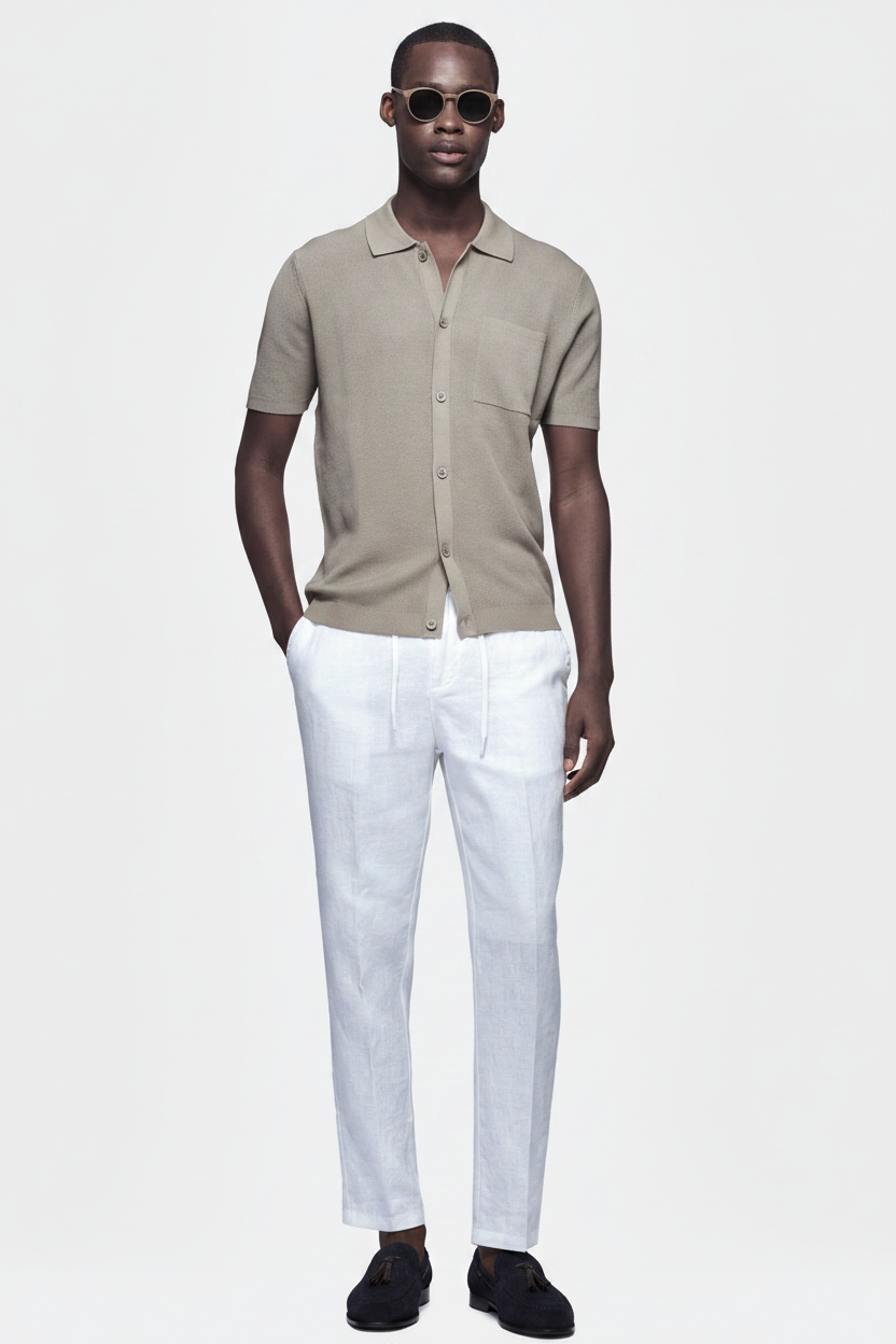 Dark Model - Beige Polo + Navy Loafers