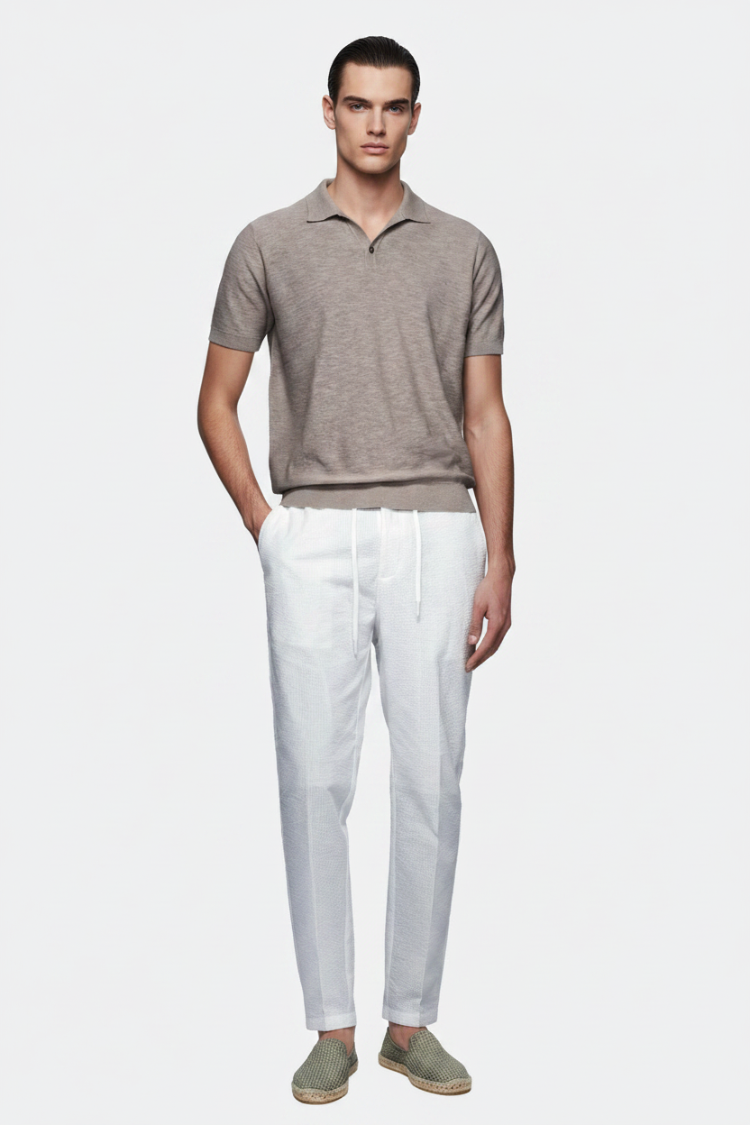 White Model with Beige Polo & Espadrilles